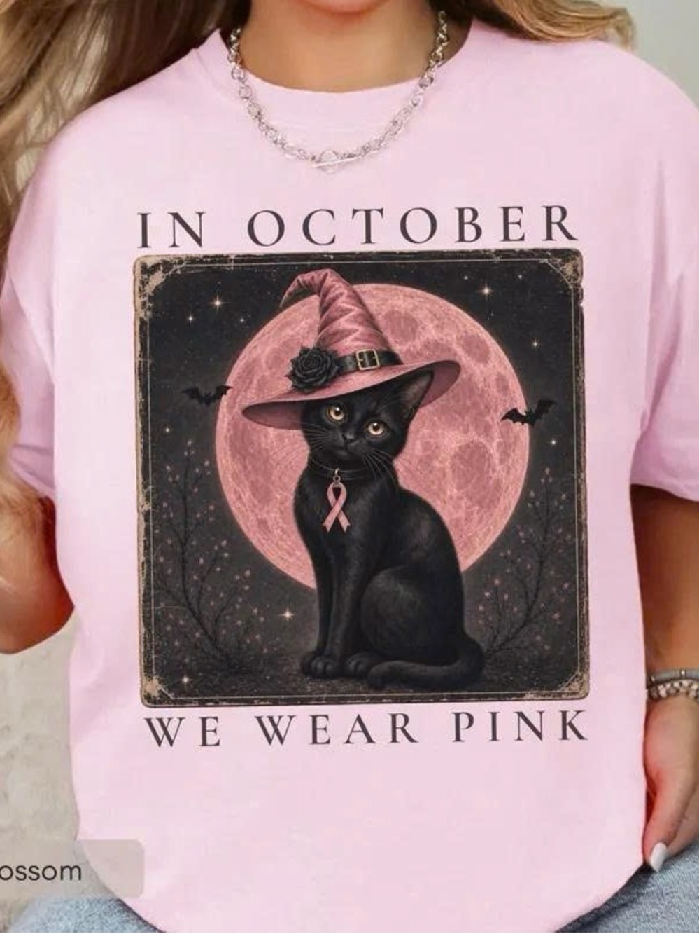 Gildan Pink Graphic Tee with Black Witch Cat